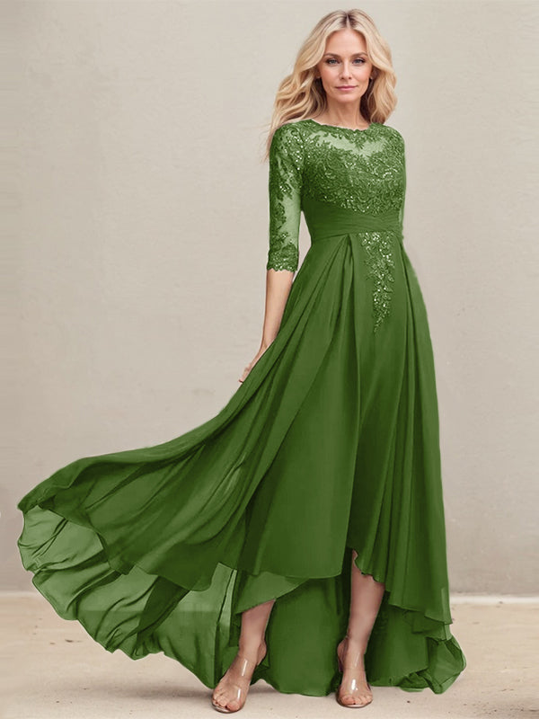 Vestido de madre de la novia de gasa con encaje asimétrico, ilusión, corte A y lentejuelas plisadas 