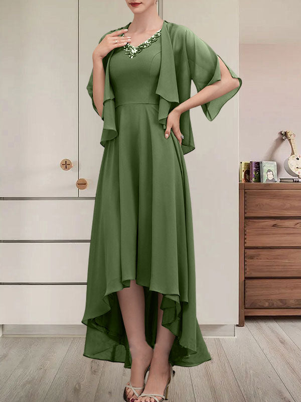 A-Linien-Kleid aus Chiffon mit V-Ausschnitt, asymmetrischem Muster und Perlen- und Paillettenbesatz für die Mutter der Braut