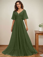 A-Linien-Kleid aus Chiffon mit V-Ausschnitt, bodenlang, mit Paillettenapplikationen, Spitze und Falten für die Mutter der Braut 