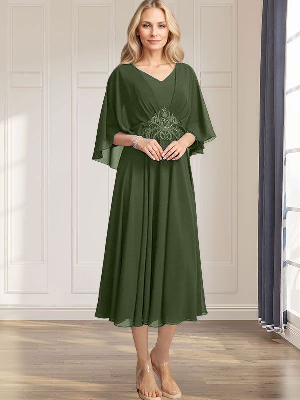 A-Linien-Kleid aus Chiffon mit V-Ausschnitt, Teelänge, plissierten Paillettenapplikationen und Perlenstickerei für die Mutter der Braut 