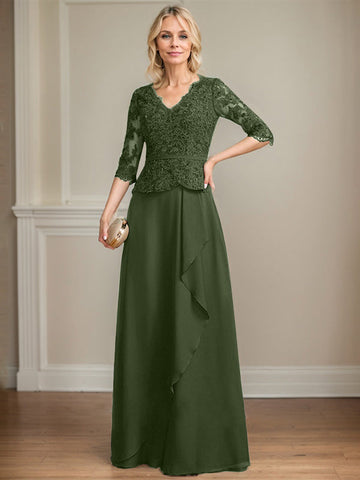 A-Linien-Kleid aus Chiffon mit V-Ausschnitt, bodenlang, mit Spitze, Kaskadenrüschen und Pailletten für die Mutter der Braut 