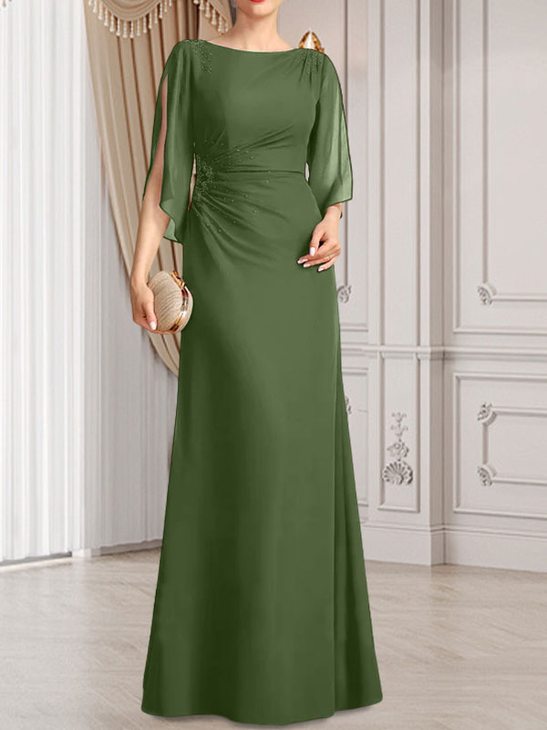 Etui-/Säulen-Chiffonkleid in Bodenlänge für die Mutter der Braut mit plissierter Perlenstickerei