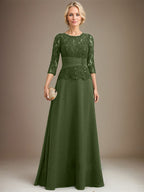 A-Linien-Kleid mit U-Boot-Ausschnitt, Illusion-Detail, bodenlang, aus Chiffonspitze, mit plissierten Pailletten und Perlenstickerei für die Mutter der Braut. 