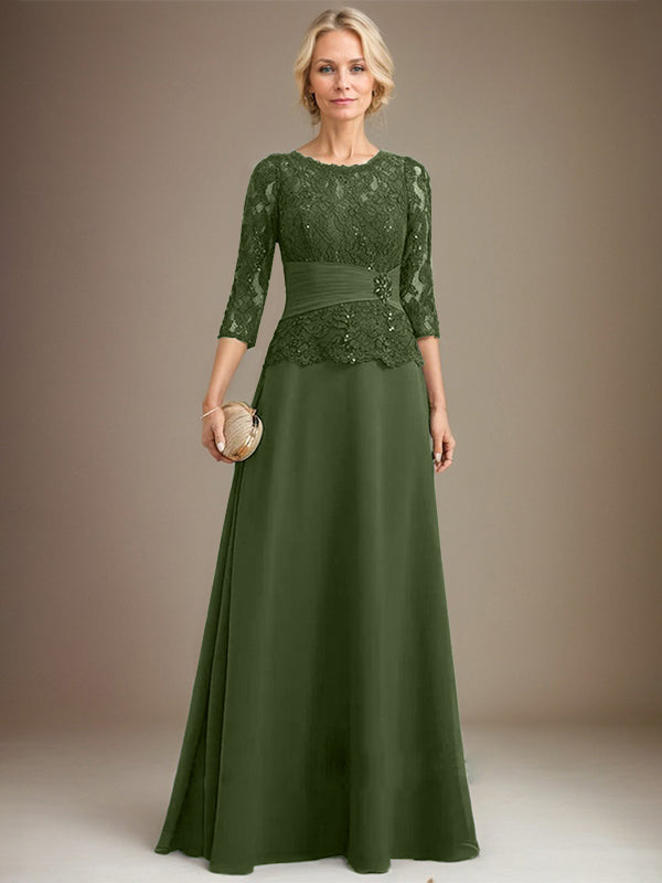 Vestido de gasa con encaje y escote en A, ilusión, largo hasta el suelo, para madre de la novia, con lentejuelas plisadas y abalorios 
