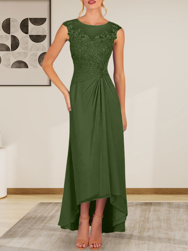 Champagnerfarbenes A-Linien-Chiffonkleid mit Rundhalsausschnitt und Spitze