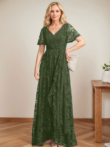 A-Linien-Kleid mit V-Ausschnitt, asymmetrischem Spitzenbesatz und Kaskadenrüschen für die Mutter der Braut 