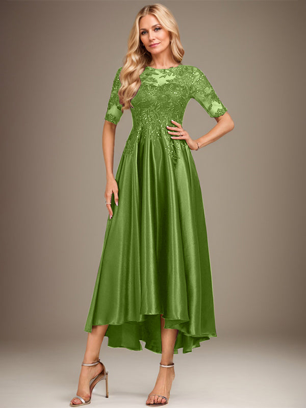 Vestido de madre de la novia de encaje satinado elástico asimétrico con ilusión de escote en A y lentejuelas 