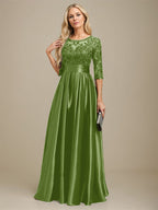 A-Linien-Kleid mit Illusion-Ausschnitt, bodenlang, aus Stretch-Satin und Spitze, verziert mit Schleife und Pailletten, für die Mutter der Braut 