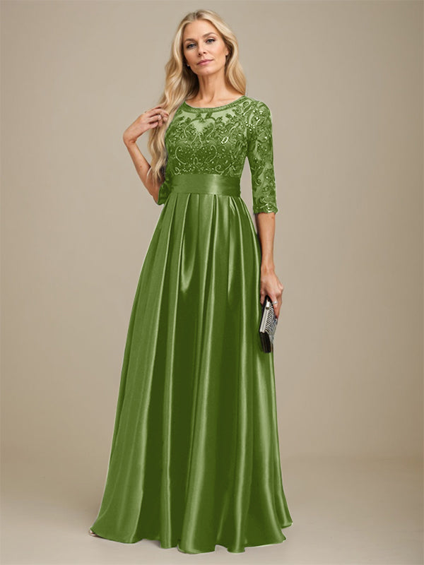 Vestido de madre de la novia de satén elástico con encaje, corte A, escote ilusión, largo hasta el suelo, con lazo y lentejuelas 