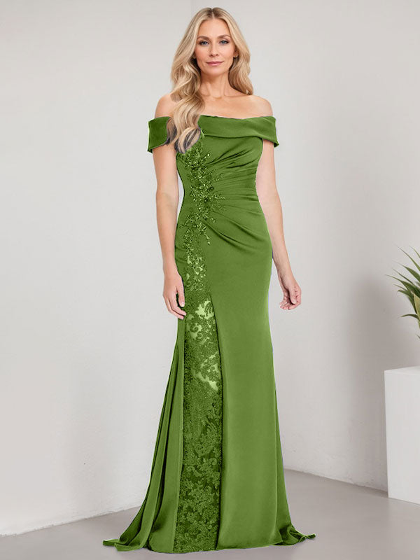 A-Linien-Kleid mit schulterfreiem bodenlangem Schnitt, Applikationen, Perlenstickerei, Meerjungfrauen-Stil und hohem Beinschlitz – perfekt für die Mutter der Braut. 