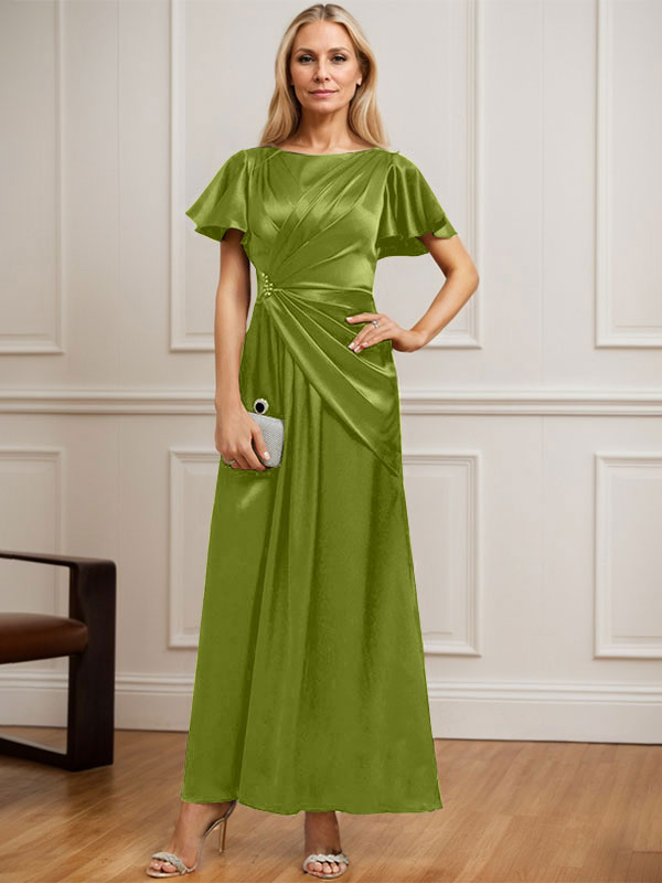 Vestido de madre de la novia de satén elástico con escote redondo y largo hasta los tobillos, corte en A y cuentas plisadas 