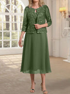 Vestido de gasa con encaje y lentejuelas para madre de la novia, corte A, escote redondo y largo hasta la rodilla 