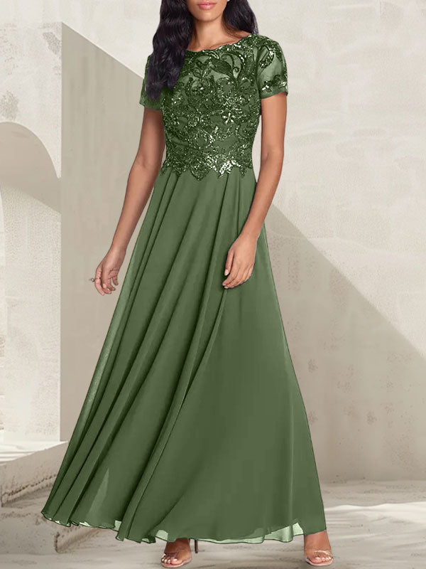 Anthrazitgraues, A-Linien-Kleid mit Rundhalsausschnitt und Perlenstickerei für die Mutter der Braut