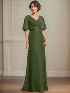 A-Linien-Kleid aus Chiffon mit V-Ausschnitt, bodenlang, für die Mutter der Braut, mit plissierten Paillettenapplikationen und Spitze
