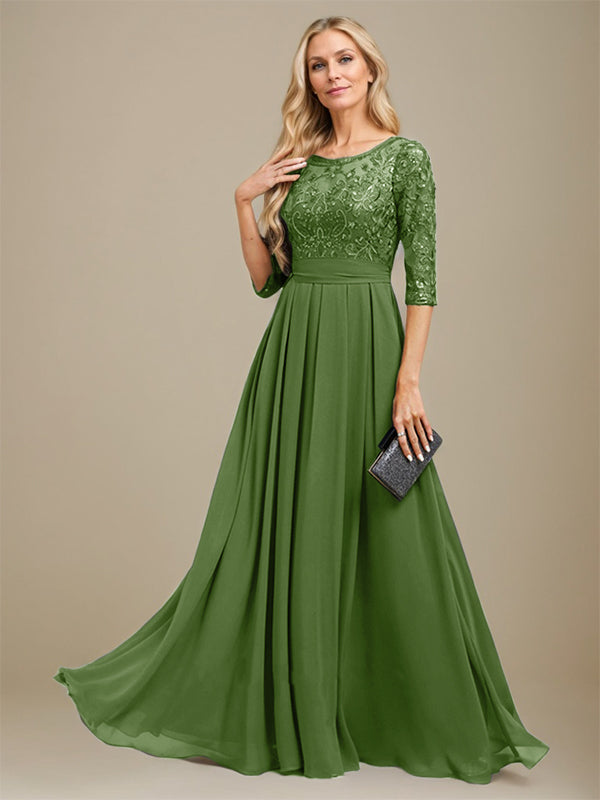 A-Linien-Kleid aus Chiffon mit Paillettenapplikationen und Rundhalsausschnitt, bodenlang, für die Mutter der Braut 