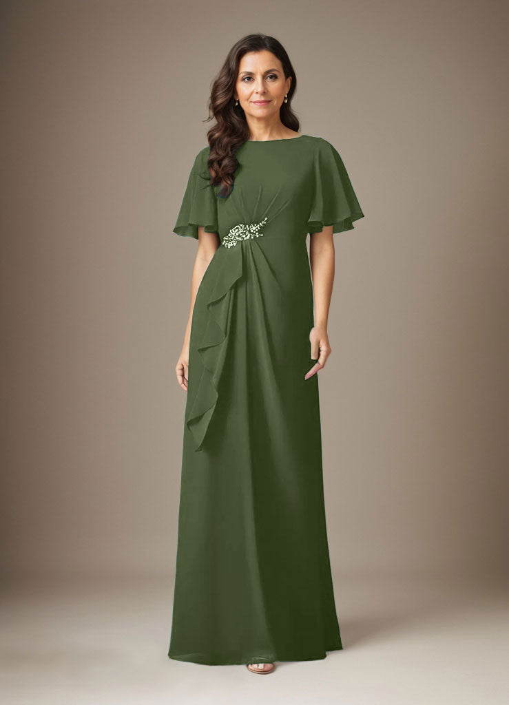 Dunkelblaues Etuikleid aus Chiffon mit Perlenbesatz