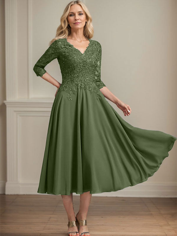Vestido de gasa con encaje y escote en V, largo hasta la rodilla, para madre de la novia, con lentejuelas y abalorios 