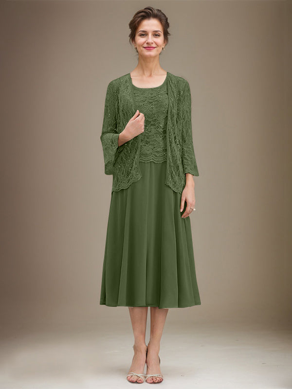 Vestido de gasa con encaje y lentejuelas para madre de la novia, corte A, escote redondo y largo hasta la rodilla 