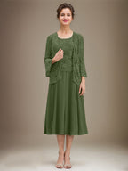 Vestido de gasa con encaje y lentejuelas para madre de la novia, corte A, escote redondo y largo hasta la rodilla 