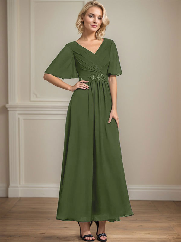 A-Linien-Chiffonkleid mit V-Ausschnitt, Knöchellänge, plissierten Pailletten und Perlenstickerei für die Mutter der Braut