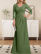 Etuikleid/Säulenkleid mit V-Ausschnitt, Illusion-Detail, bodenlang, aus Chiffonspitze und plissierten Pailletten für die Mutter der Braut 