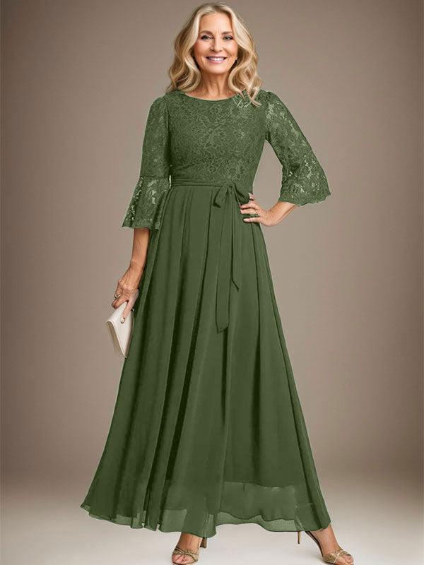 A-Linien-Kleid aus Chiffon mit Rundhalsausschnitt und Schleife, knöchellang, für die Mutter der Braut