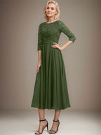 A-Linien-Kleid mit Rundhalsausschnitt, Teelänge, Spitze, Chiffon, Pailletten, für die Mutter der Braut
