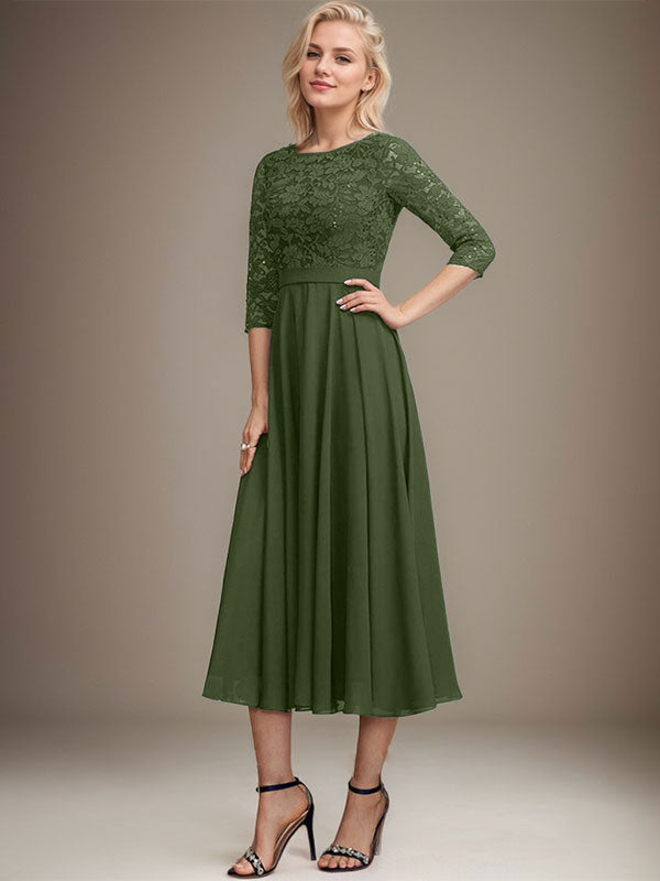 Vestido de gasa con encaje y lentejuelas para madre de la novia, corte A, escote redondo y largo hasta la rodilla