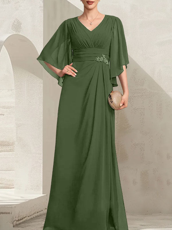Vestido de gasa para madre de la novia, con escote en V, largo hasta el suelo, con lentejuelas plisadas y abalorios.