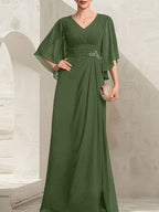 Vestido de gasa para madre de la novia, con escote en V, largo hasta el suelo, con lentejuelas plisadas y abalorios.