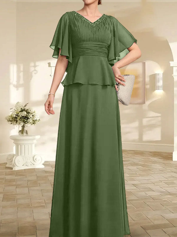 Vestido de gasa para madre de la novia, corte A, escote en V, largo hasta el suelo, con cuentas plisadas