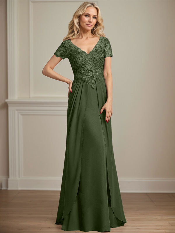 Vestido de gasa con encaje y escote en V hasta el suelo para madre de la novia