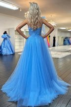 Langes, einseitig schulterfreies, blaues Spitzen-Abendkleid mit Schlitz
