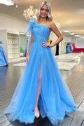 Langes, einseitig schulterfreies, blaues Spitzen-Abendkleid mit Schlitz