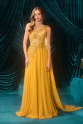 One Shoulder Lace Appliqué Cape High Slit Mustard Yellow Chiffon A Line Cathedral Train Prom Dresses