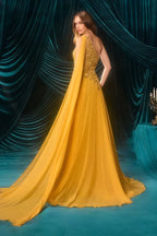 One Shoulder Lace Appliqué Cape High Slit Mustard Yellow Chiffon A Line Cathedral Train Prom Dresses