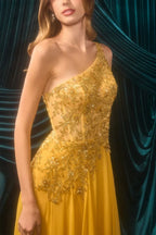 One Shoulder Lace Appliqué Cape High Slit Mustard Yellow Chiffon A Line Cathedral Train Prom Dresses