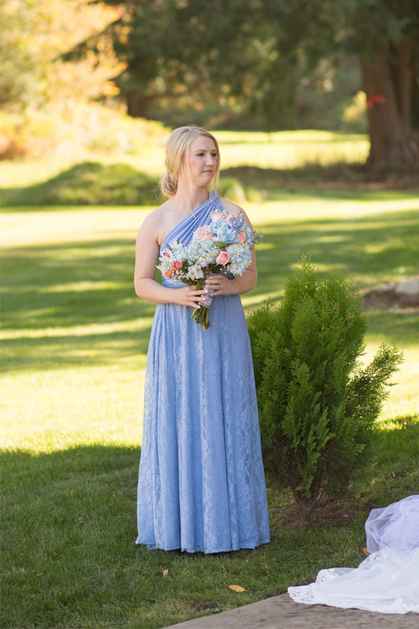 One Shoulder Lace Blue Bridesmaid Dress Party Dress