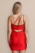 Vestido de fiesta corto de un solo hombro con pedrería