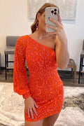 Enges, kurzes Ballkleid mit einer Schulter, orangefarbenes Heimkehrkleid