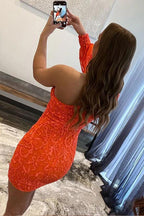 Enges, kurzes Ballkleid mit einer Schulter, orangefarbenes Heimkehrkleid