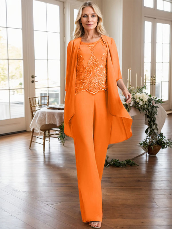 Vestido de madre de la novia de gasa con encaje, escote redondo y lentejuelas y mono/pantalón separado 
