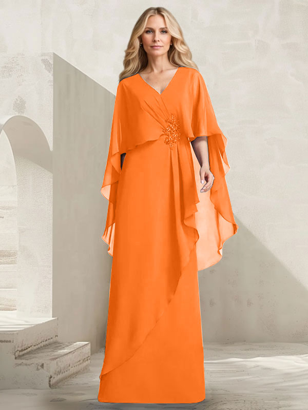 A-Linien-Kleid aus Chiffon mit V-Ausschnitt, bodenlang, mit Kaskadenrüschen und Perlenstickerei für die Mutter der Braut. 