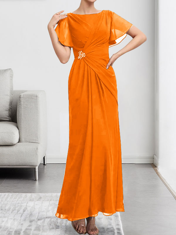 Vestido de gasa para madre de la novia, corte A, escote redondo, largo hasta los tobillos, con cuentas y pliegues