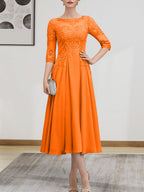 A-Linien-Kleid mit U-Boot-Ausschnitt, Illusion-Detail, Teelänge, Chiffonspitze, Perlenstickerei und Pailletten für die Mutter der Braut