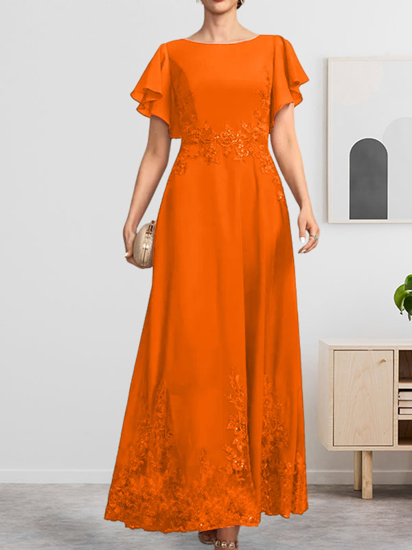 A-Linien-Kleid mit Rundhalsausschnitt, knöchellang, aus Spitze und Chiffon, mit Pailletten besetzt