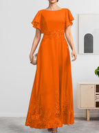 A-Linien-Kleid mit Rundhalsausschnitt, knöchellang, aus Spitze und Chiffon, mit Pailletten besetzt