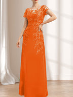 Etuikleid/Säulenkleid mit Illusion-Ausschnitt, bodenlang, aus Chiffon und Spitze mit Pailletten für die Mutter der Braut