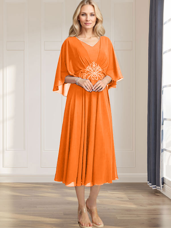 A-Linien-Kleid aus Chiffon mit V-Ausschnitt, Teelänge, plissierten Paillettenapplikationen und Perlenstickerei für die Mutter der Braut 