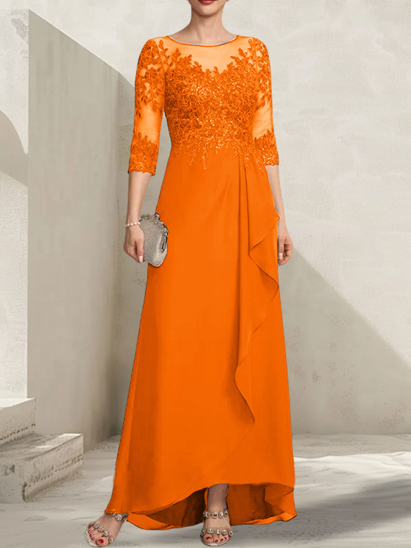 A-Linien-Kleid mit asymmetrischem, transparentem Chiffon-Spitzenausschnitt, Pailletten und Kaskadenrüschen für die Mutter der Braut